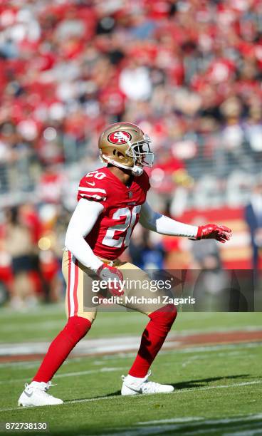 Leon Hall of the San Francisco 49ers defends during the game against the Arizona Cardinals at Levi's Stadium on November 5, 2017 in Santa Clara,...