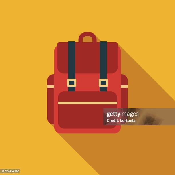 illustrazioni stock, clip art, cartoni animati e icone di tendenza di icona dell'educazione al design piatto dello zaino con ombra laterale - motivo con ombra lunga