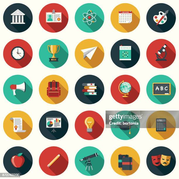 illustrazioni stock, clip art, cartoni animati e icone di tendenza di set di icone education flat design con ombreggiatura laterale - motivo con ombra lunga