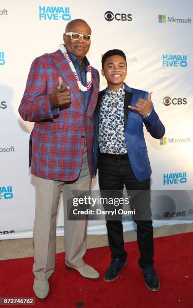Chi McBride and Chosen Jacobs attend the Sunset on the Beach event celebrating season 8 of "Hawaii Five-0" at Queen's Surf Beach on November 10, 2017...