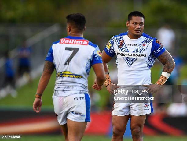 Joseph Leilua of Samoa looks dejected after drawing the 2017 Rugby League World Cup match between Samoa and Scotland at Barlow Park on November 11,...