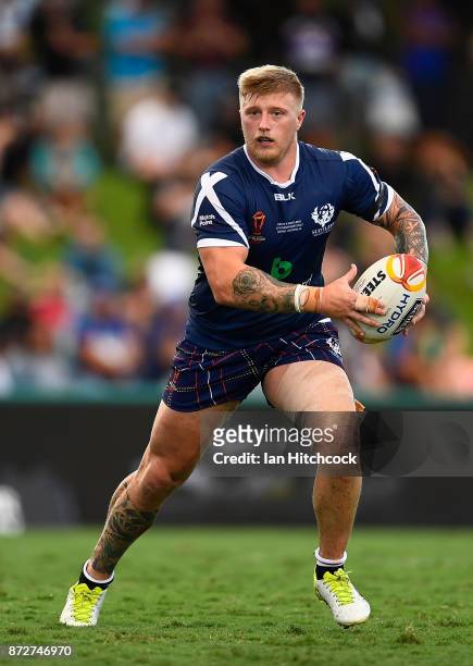 Danny Addy of Scotland runs the ball during the 2017 Rugby League World Cup match between Samoa and Scotland at Barlow Park on November 11, 2017 in...