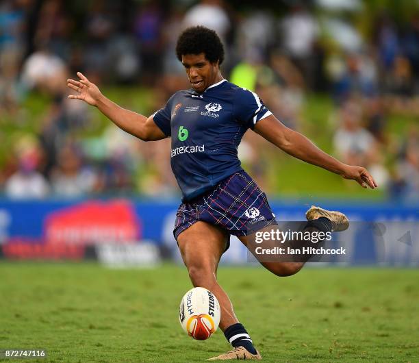 Oscar Thomas of Scotland attempts a field goal during the 2017 Rugby League World Cup match between Samoa and Scotland at Barlow Park on November 11,...