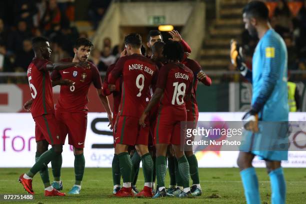 Portugal midfielder Joao Mario celebrating with is team mate after scoring a goal during the match between Portugal v Saudi Arabia International...