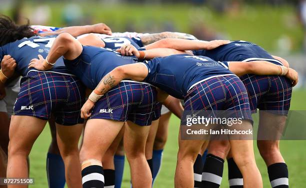 The Scottish forwards pack into a scrum during the 2017 Rugby League World Cup match between Samoa and Scotland at Barlow Park on November 11, 2017...