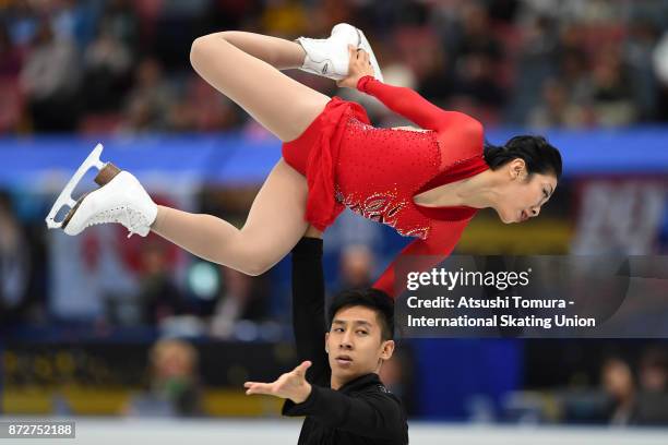 Wenjing Sui and Cong Han of China compete in the Pairs free skating during the ISU Grand Prix of Figure Skating at on November 11, 2017 in Osaka,...