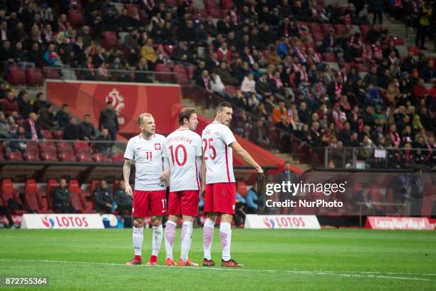 Kamil Grosicki, Grzegorz Krychowiak and Jaroslaw Jach during the international friendly soccer match between Poland and Uruguay at the PGE National...
