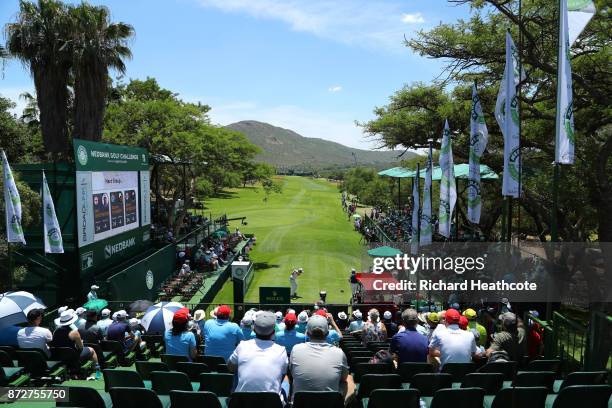 Victor Dubuisson of France tees off on the 1st hole during the third round of the Nedbank Golf Challenge at Gary Player CC on November 11, 2017 in...