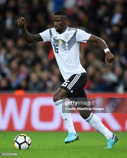 Antonio Rudiger of Germany controls the ball during the International friendly match between England and Germany at Wembley Stadium on November 10,...