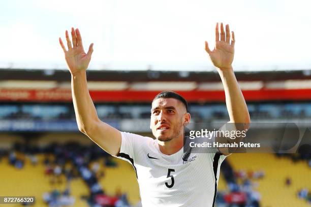 Michael Boxall of the All Whites thanks the crowd after drawing the 2018 FIFA World Cup Qualifier match between the New Zealand All Whites and Peru...