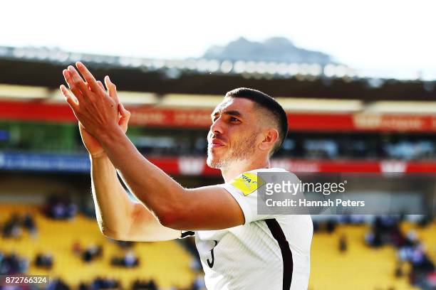 Michael Boxall of the All Whites thanks the crowd after drawing the 2018 FIFA World Cup Qualifier match between the New Zealand All Whites and Peru...