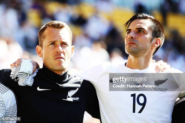 Glen Moss and Rory Fallon of the All Whites look on during the 2018 FIFA World Cup Qualifier match between the New Zealand All Whites and Peru at...