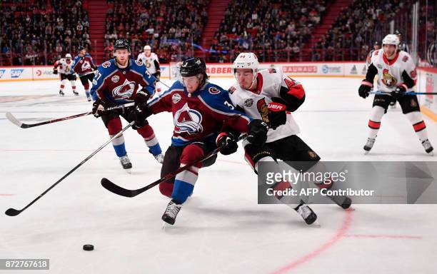 Colorado Avalanche's Chris Bigras and Ottawa Senators Jean-Gabriel Pageau the NHL Global Series hockey game between Colorado Avalanche and Ottawa...