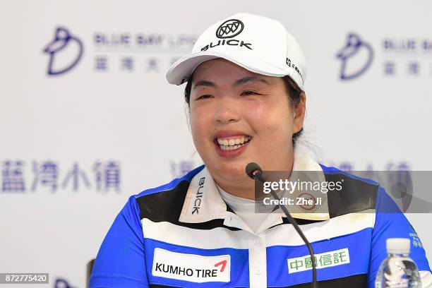 Shanshan Feng of China during a press conference after winning the Blue Bay LPGA at Jian Lake Blue Bay golf course on November 10, 2017 in Hainan...