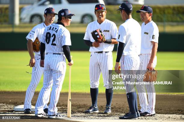 Shuta Tonosaki,Hirokazu Ibata, Shogo Nakamura,Yota Kyoda and Sosuke Genda of Samurai Japan during a Japan training session on November 11, 2017 in...