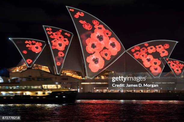 Poppies are projected onto the sails of the Opera House on November 11, 2017 in Sydney, Australia. To mark Armistice Day, the world famous building...