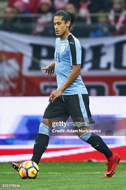 Mauricio Lemos from Uruguay controls the ball while Poland v Uruguay International Friendly soccer match at National Stadium on November 10, 2017 in...