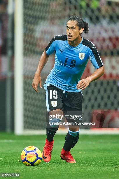 Mauricio Lemos from Uruguay controls the ball while Poland v Uruguay International Friendly soccer match at National Stadium on November 10, 2017 in...