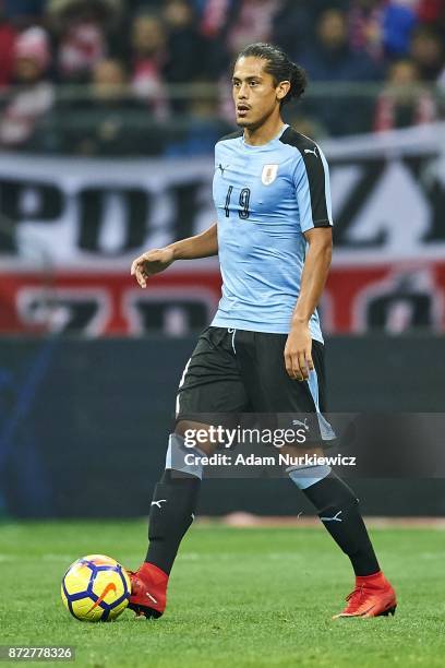 Mauricio Lemos from Uruguay controls the ball while Poland v Uruguay International Friendly soccer match at National Stadium on November 10, 2017 in...