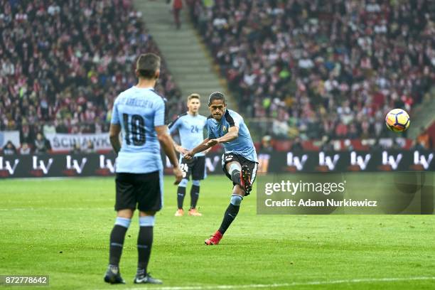 Mauricio Lemos from Uruguay shouts while Poland v Uruguay International Friendly soccer match at National Stadium on November 10, 2017 in Warsaw,...