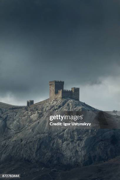 genoese fortress on a mountain top - medieval castle stock pictures, royalty-free photos & images