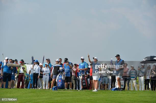 Ashleigh Buhai of South Africa plays a shot on the 17th hole during the final round of the Blue Bay LPGA at Jian Lake Blue Bay golf course on...