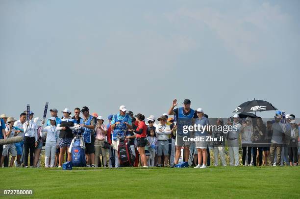 Ashleigh Buhai of South Africa plays a shot on the 17th hole during the final round of the Blue Bay LPGA at Jian Lake Blue Bay golf course on...