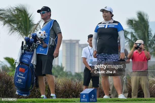 Shanshan Feng of China plays a shot on the 16th hole during the final round of the Blue Bay LPGA at Jian Lake Blue Bay golf course on November 11,...