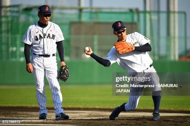 Hirokazu Ibata and Yota Kyoda of Samurai Japan during a Japan training session on November 11, 2017 in Miyazaki, Japan.