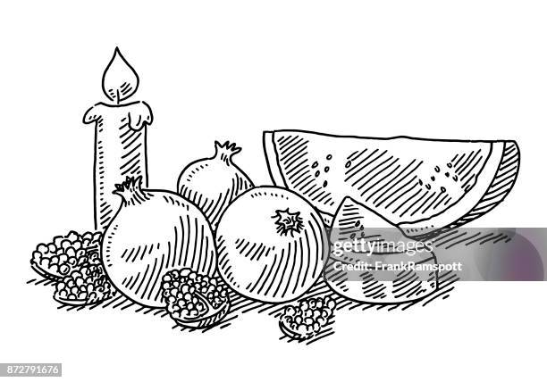 yalda night decoration pomegranate melon drawing - antioxidant vector stock illustrations
