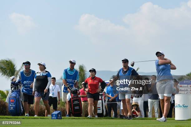 Ashleigh Buhai of South Africa plays a shot on the 16th hole during the final round of the Blue Bay LPGA at Jian Lake Blue Bay golf course on...