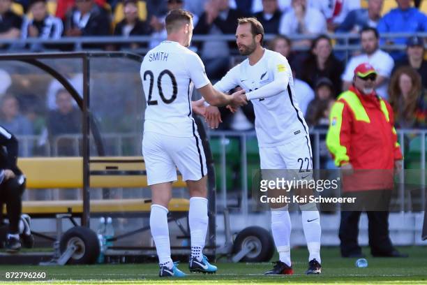 Tommy Smith of the All Whites is substituted for Andrew Durante of the All Whites during the 2018 FIFA World Cup Qualifier match between the New...