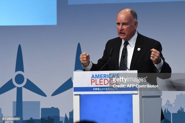 Governor of California, Jerry Brown speaks at the launch event at the US climate action center on November 11, 2017 during the COP23 United Nations...