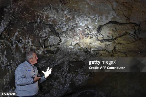 Pascal Alard, director of territorial development of the economy and tourism of Ariège, speaks about the drawings representing bison, horse and other...