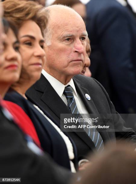 California´s Gorvenor Jerry Brown attends the America's Pledge launch event at the U.S. 'We Are Still In' pavilion on November 11, 2017 during the...