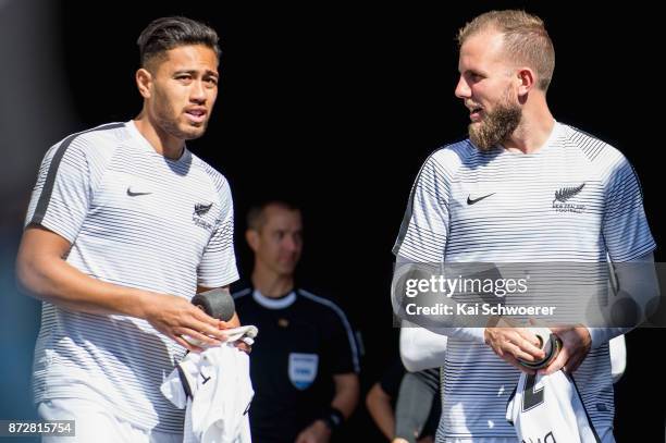 Bill Tuiloma and Jeremy Brockie of the All Whites look on prior to the 2018 FIFA World Cup Qualifier match between the New Zealand All Whites and...