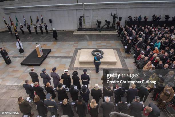 The Duke of Gloucester salutes as he attends the annual Armistice Day Service at The National Memorial Arboretum on November 11, 2017 in Alrewas,...