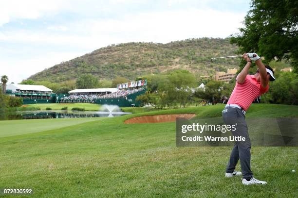 Scott Jamieson of Scotland hits his second shot on the 18th hole during the third round of the Nedbank Golf Challenge at Gary Player CC on November...