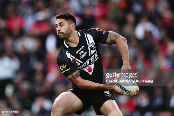 Shaun Johnson of the Kiwis in action during the 2017 Rugby League World Cup match between the New Zealand Kiwis and Tonga at Waikato Stadium on...