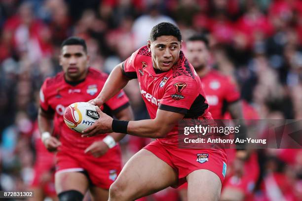 Jason Taumalolo of Tonga in action during the 2017 Rugby League World Cup match between the New Zealand Kiwis and Tonga at Waikato Stadium on...