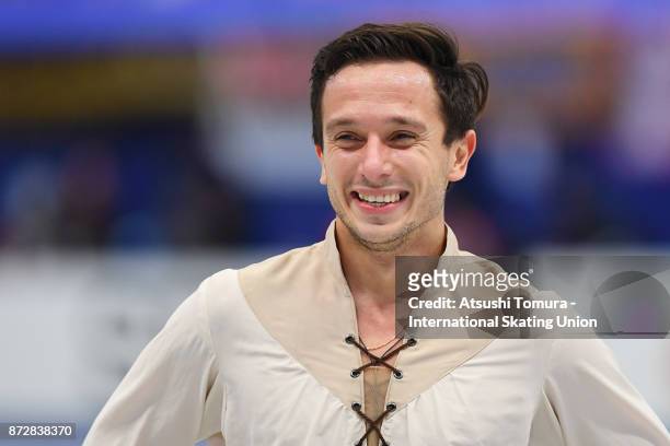 Alexei Bychenko of Israel smiles after competeing in the Men free skating during the ISU Grand Prix of Figure Skating at on November 11, 2017 in...