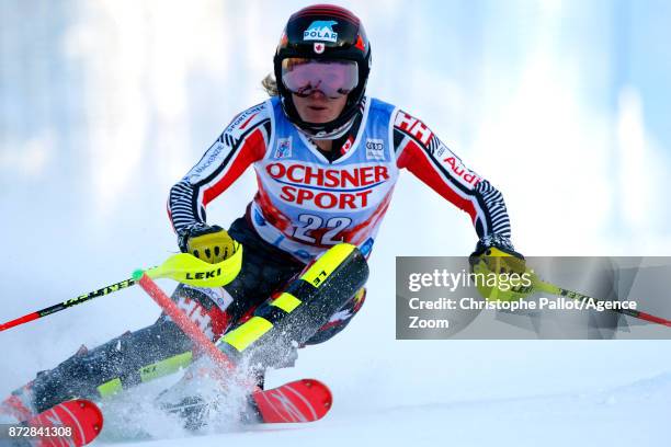 Erin Mielzynski of Canada in action during the Audi FIS Alpine Ski World Cup Women's Slalom on November 11, 2017 in Levi, Finland.