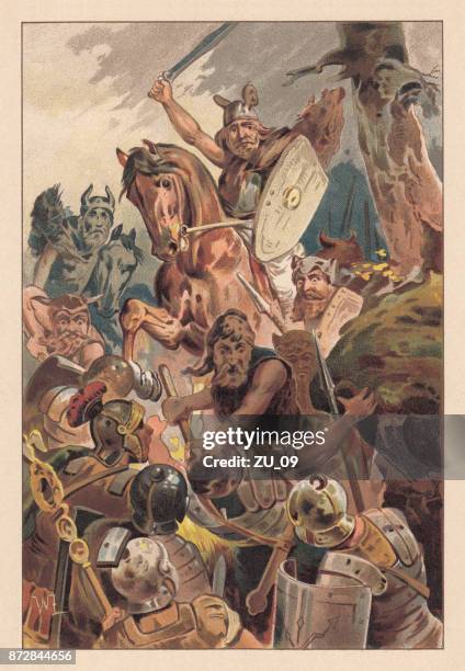 schlacht am teutoburger wald, 9 n. chr., lithographie, 1890 veröffentlicht - teutoburger wald stock-grafiken, -clipart, -cartoons und -symbole