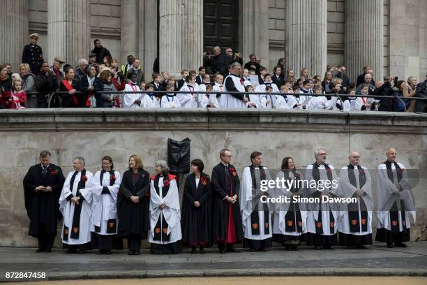 Clergy from Saint Paul's Cathedral look on during the Lord Mayors Show on November 11, 2017 in London, England. The Lord Mayor's Show, now in its...