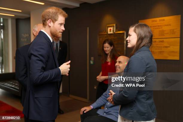 Prince Harry meets with people nominated by the RFU ahead of the Rugby Union International match between England and Argentina at Twickenham Stadium...