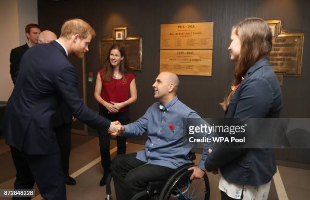 Prince Harry meets with people nominated by the RFU ahead of the Rugby Union International match between England and Argentina at Twickenham Stadium...