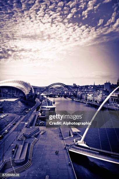 newcastle-upon-tyne skyline in de schemering - great north run stockfoto's en -beelden