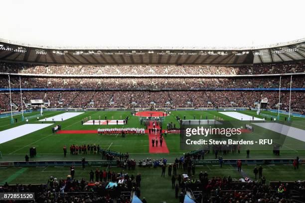 General view inside the stadium as players, officals and fans take part in a minute of silence for remembrance day prior to the Old Mutual Wealth...