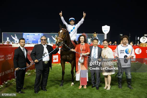 Hong Kong runner Amber Sky, trained by Ricky Yiu and ridden by Joao Moreira, wins the G1 Al Quoz Sprint at Meydan racecourse on March 29, 2014 in...