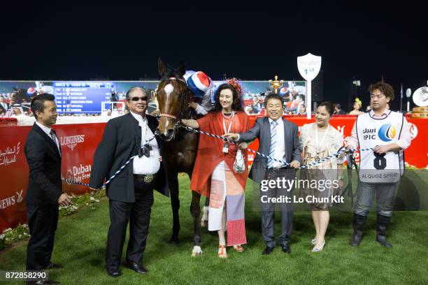 Hong Kong runner Amber Sky, trained by Ricky Yiu and ridden by Joao Moreira, wins the G1 Al Quoz Sprint at Meydan racecourse on March 29, 2014 in...